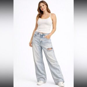 Forever 21 Light Blue Distressed Wide Leg Jeans